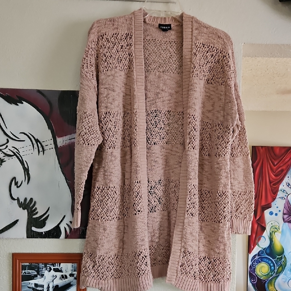 Pink Tan Open Knit Cardigan Sweater